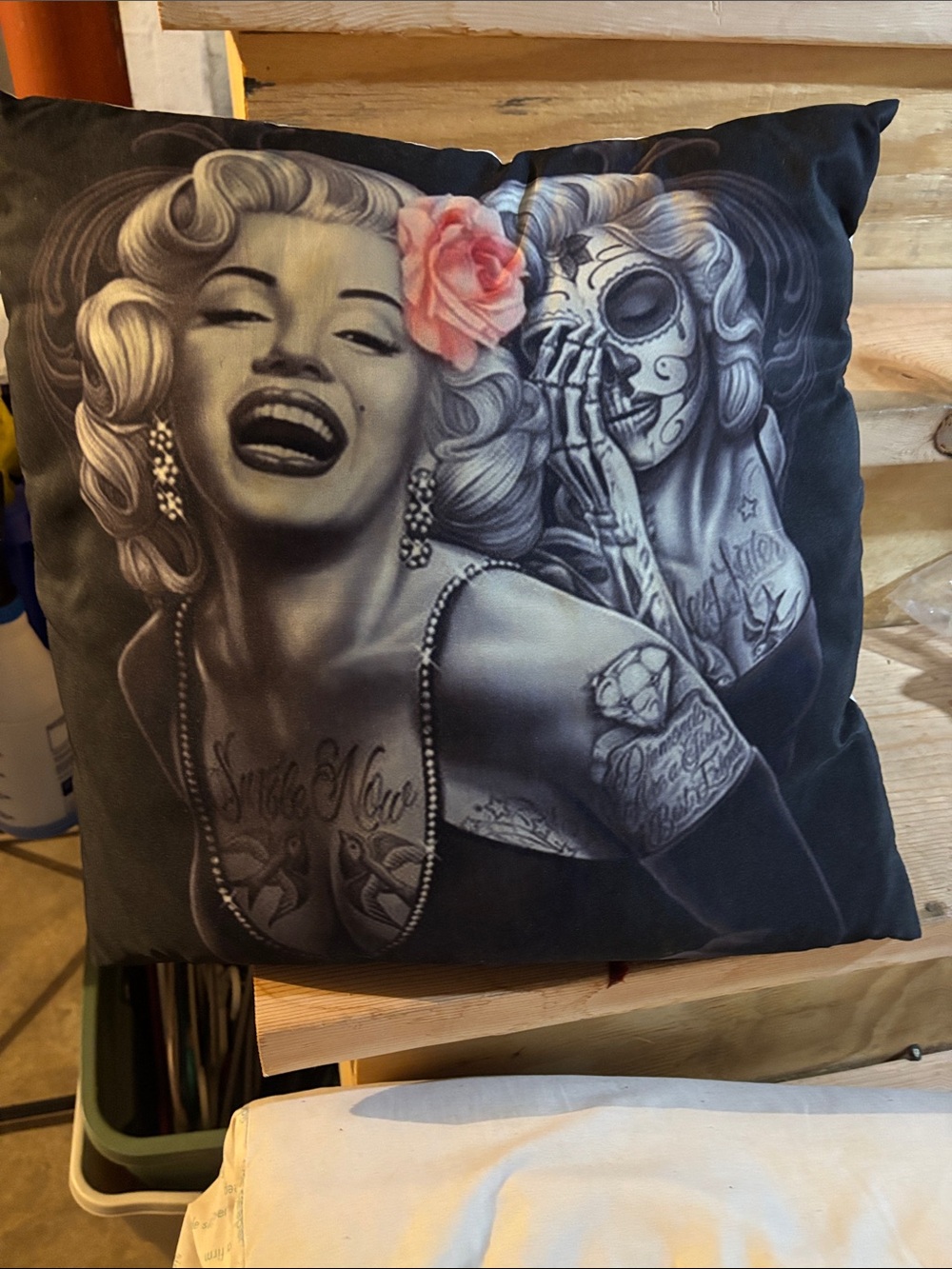 Decorative Black Pillow with Retro Pop Art Portrait and Pink Accent Flower